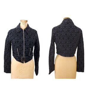 1990s Paris French crop jacket veste courte bleue blue motif velours noir